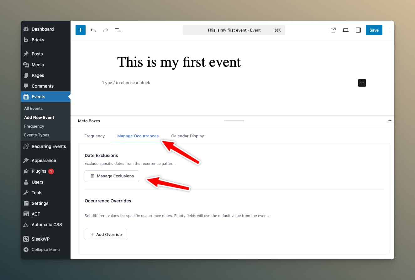 Manage Exclusions Button