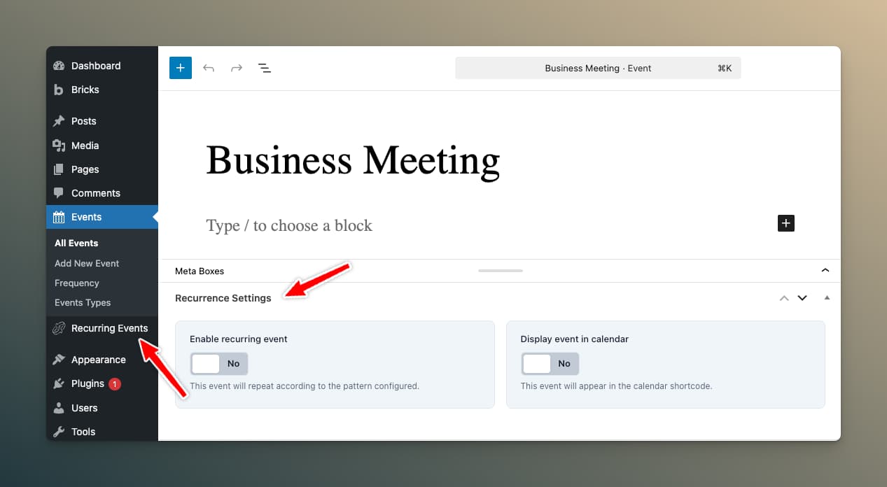 Recurring Events Menu